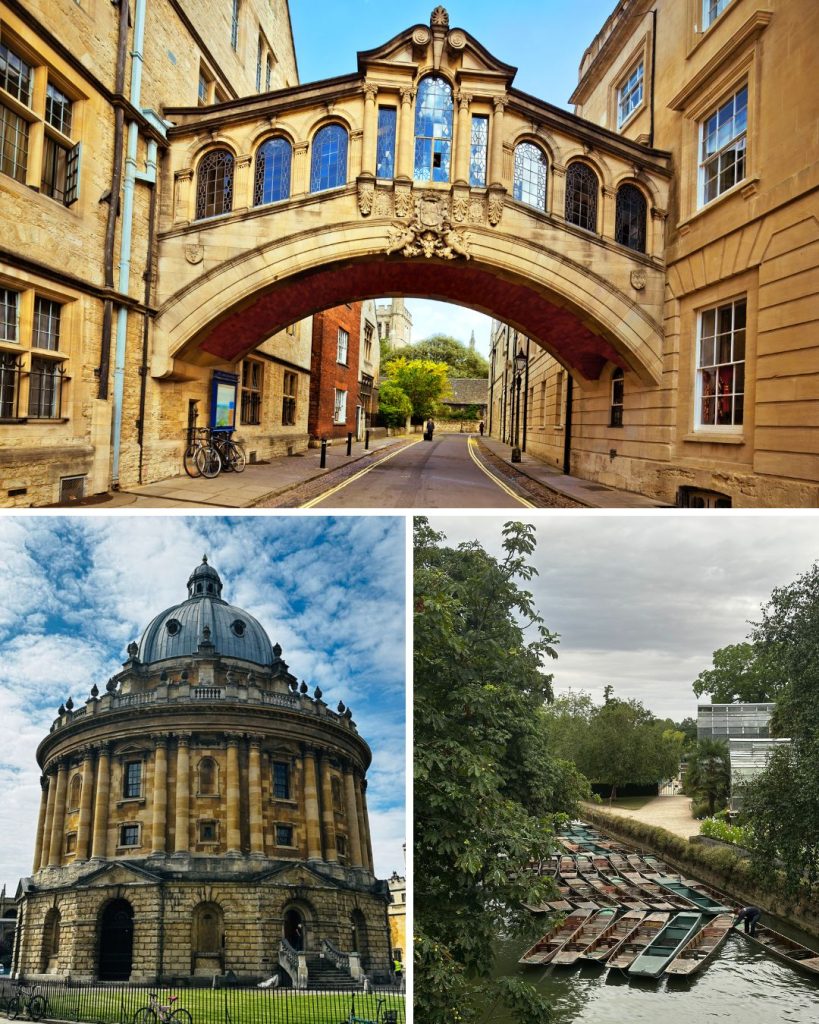 grid of 3 images showing different things to do in Oxford: bridge of sighs, Radcliffe Camera and empty punting boats on the river