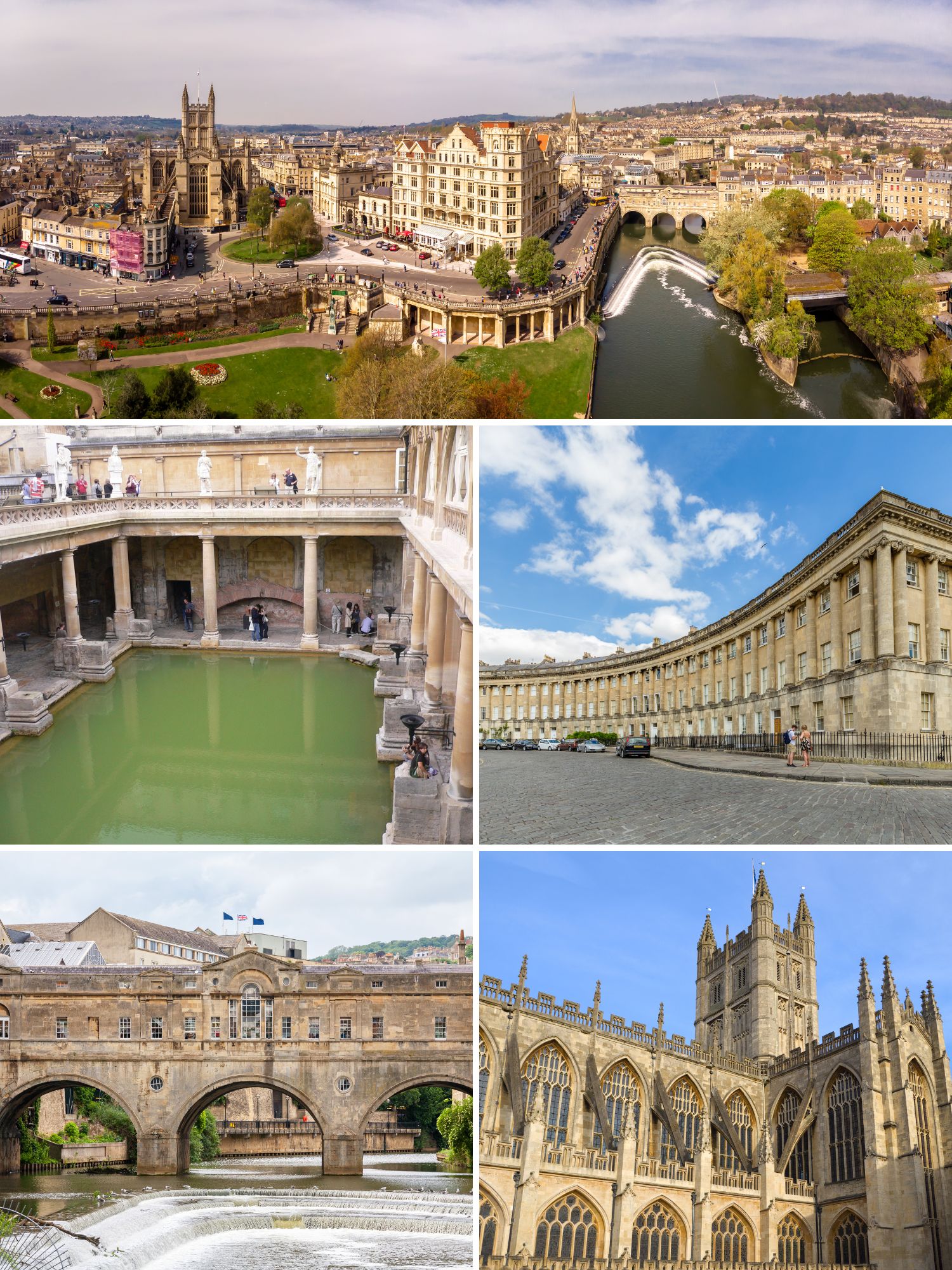 a grid of 5 images of things to do in Bath, bath skyline, roman baths, royal crescent, pulteney bridge and bath abbey