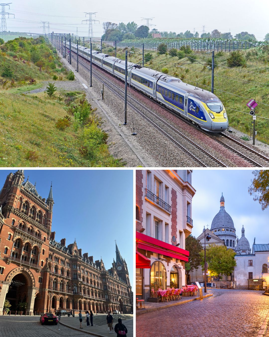 image with grid of 3 images showing the Eurostar train, London St Pancras International Train Station and Paris