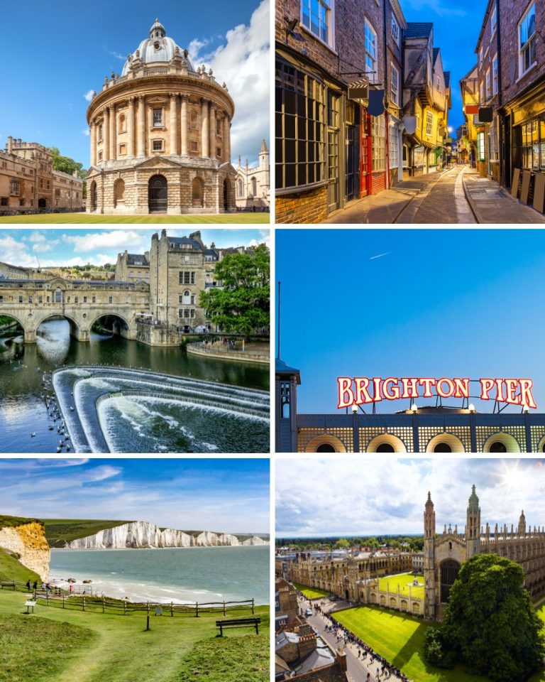 a grid of 6 images showing various different locations that are possible to visit from London on a day trip: Radcliffe camera in Oxford, The Shambles in York, Pulteney Bridge in Bath, Brighton Pier, Seven Sisters cliffs and Cambridge colleges